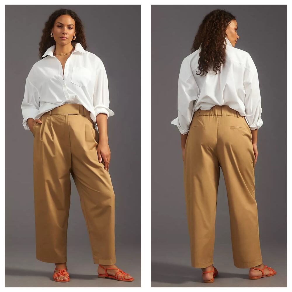 Anthropologie Exquise Barrel-Leg Chino Pants Size Small Tan Preppy Minimalist
